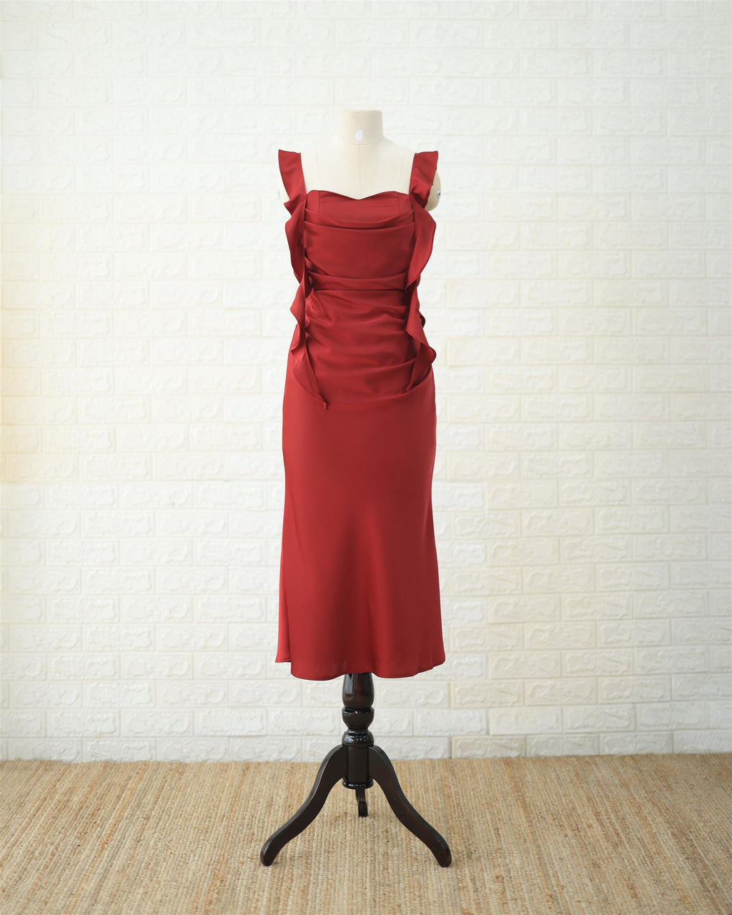 Scarlet Ruched Midi Dress in Red, front view