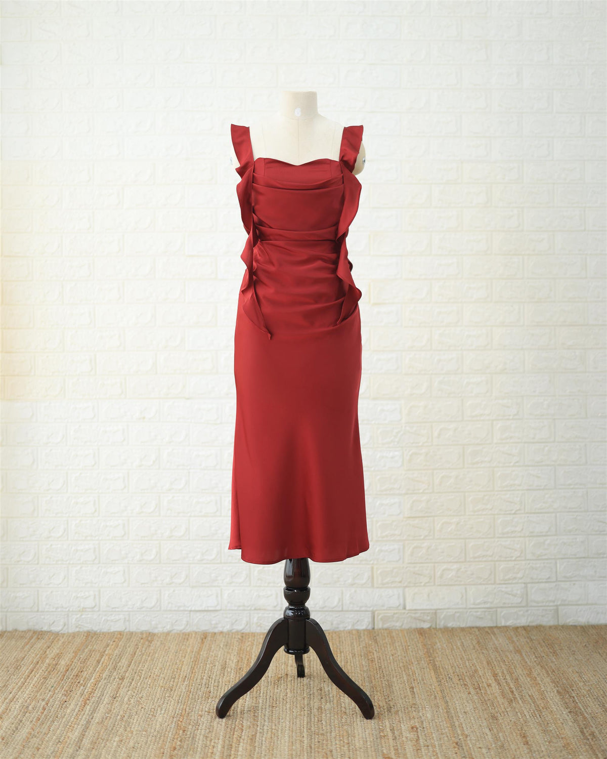 Scarlet Ruched Midi Dress in Red, front view