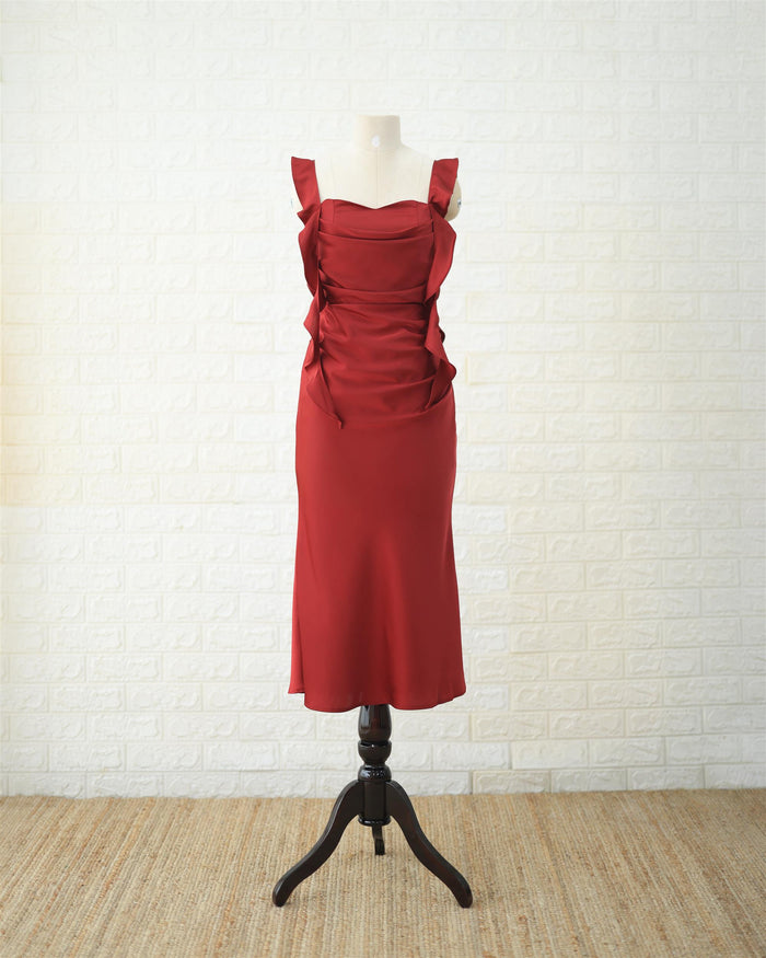 Scarlet Ruched Midi Dress in Red, front view