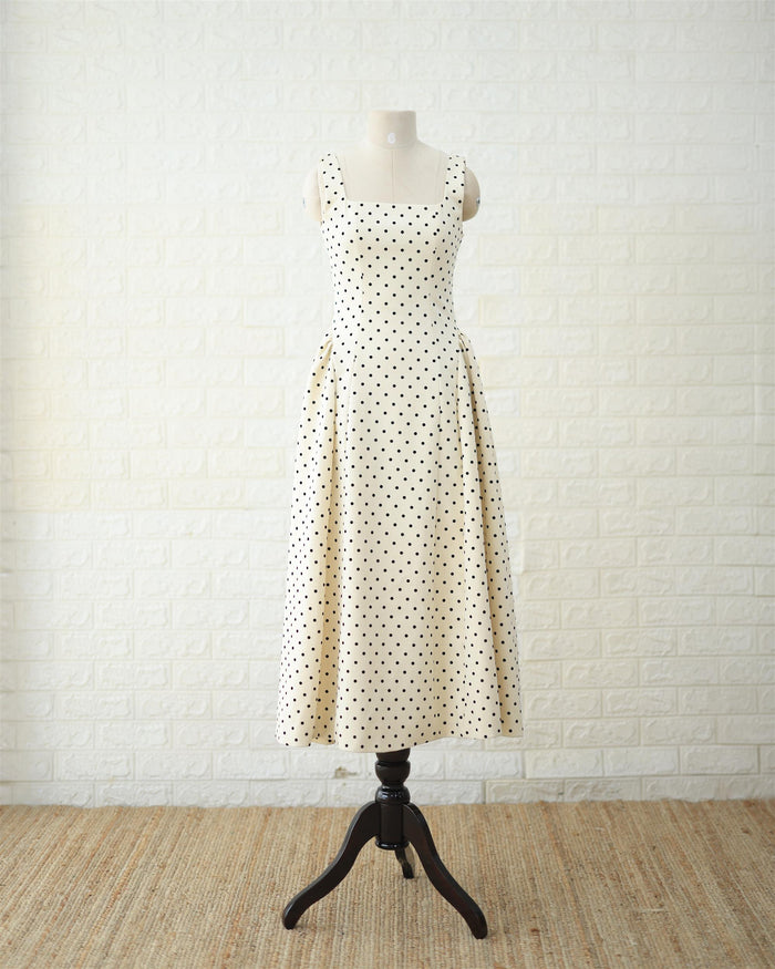 Cream Polka Sleeveless Midi Dress in Cream, front view