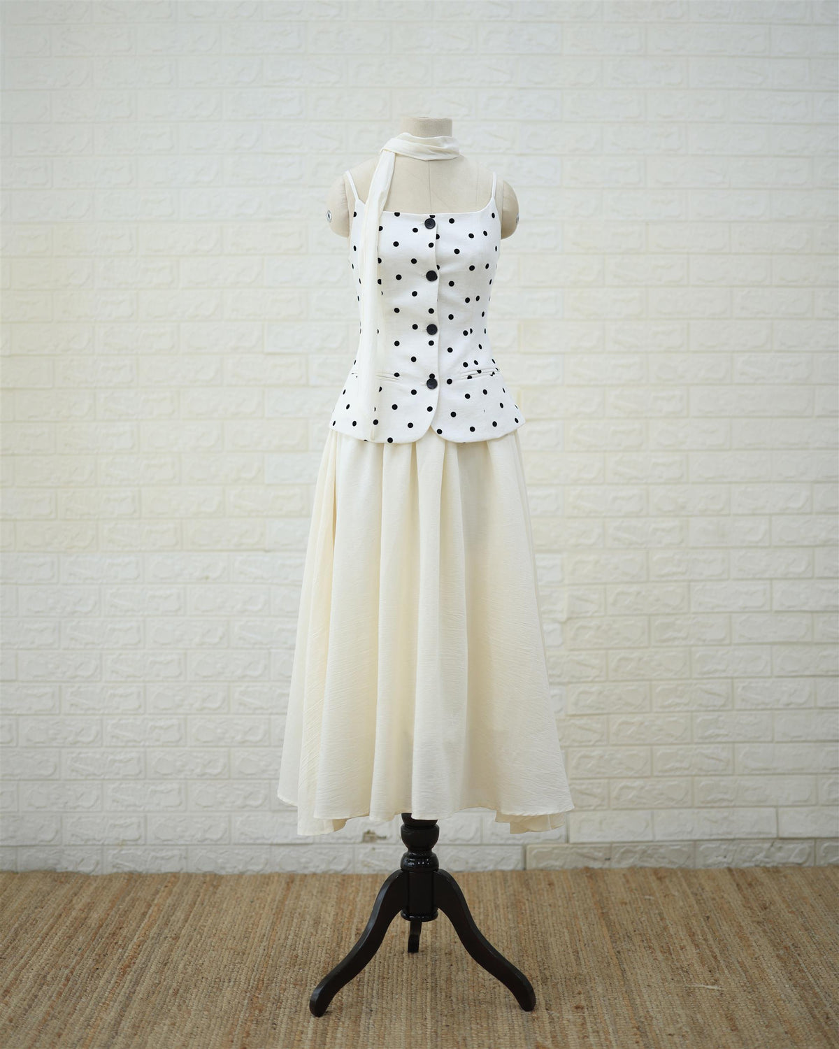 Monochrome Polka Peplum Top & Cream Maxi Skirt Set in White / Cream, front view
