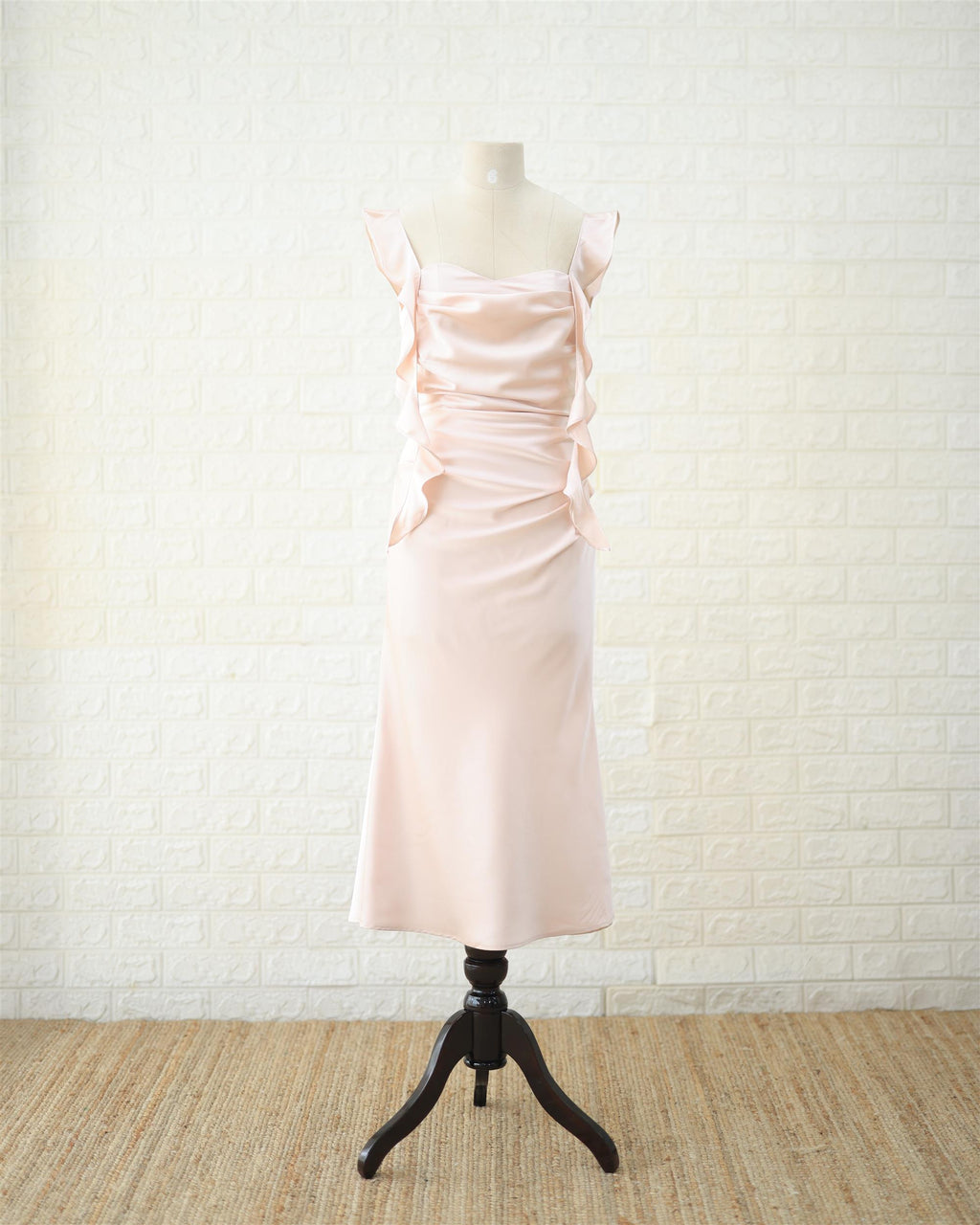 Blush Ruched Satin Midi Dress in Blush Pink, front view