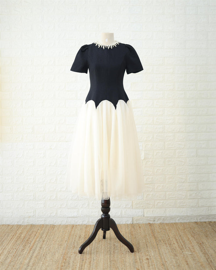 Noir Bodice & Cream Tulle Midi Dress in Black / Cream, front view