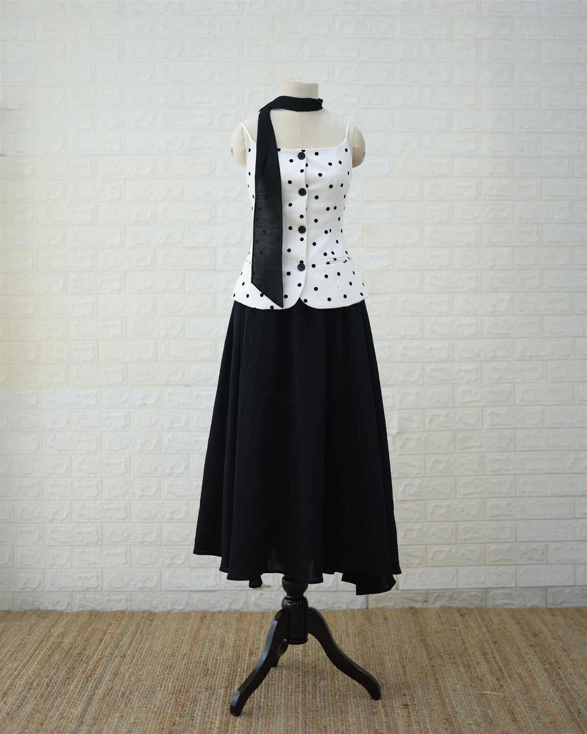 Monochrome Polka Peplum Top & Black Maxi Skirt Set in White / Black, front view