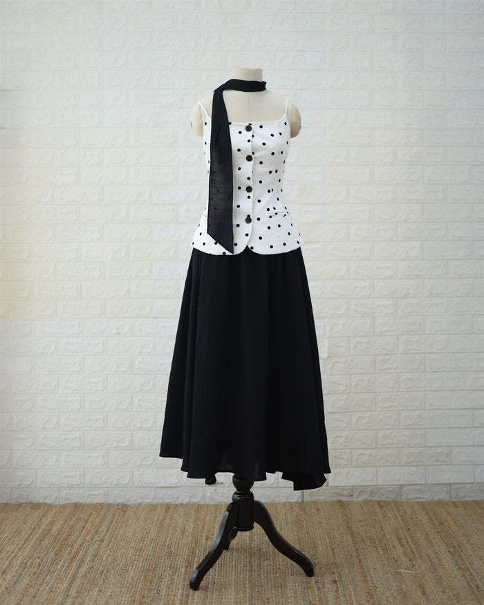 Monochrome Polka Peplum Top & Black Maxi Skirt Set in White / Black, front view