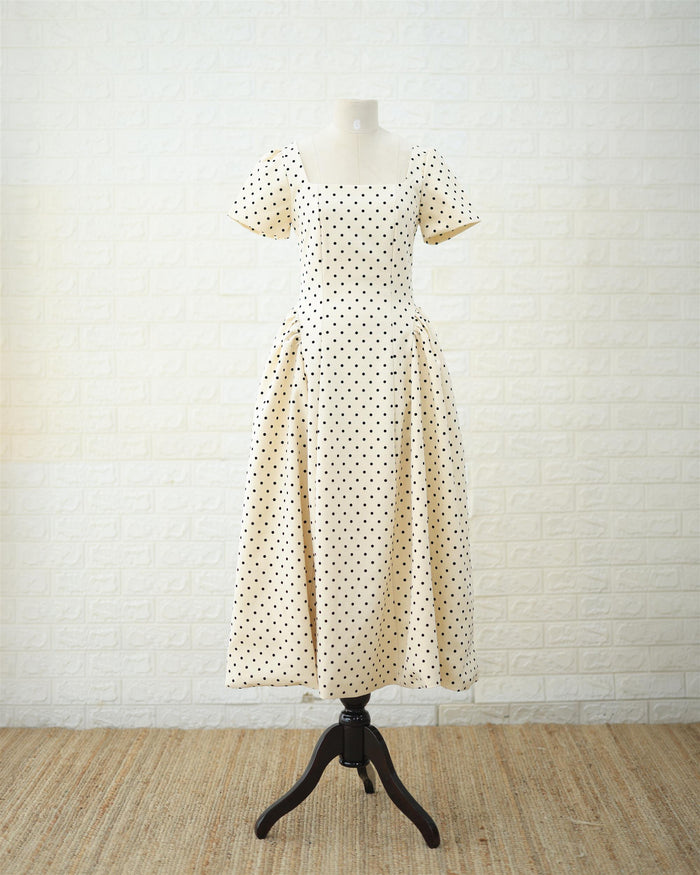 Cream Polka Puff-Sleeve Midi Dress in Cream, front view