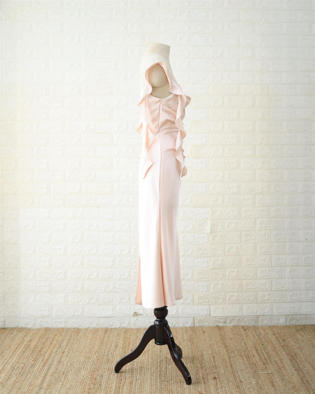 Blush Ruched Satin Midi Dress in Blush Pink, back view