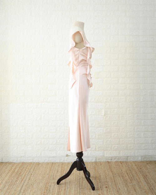 Blush Ruched Satin Midi Dress in Blush Pink, back view
