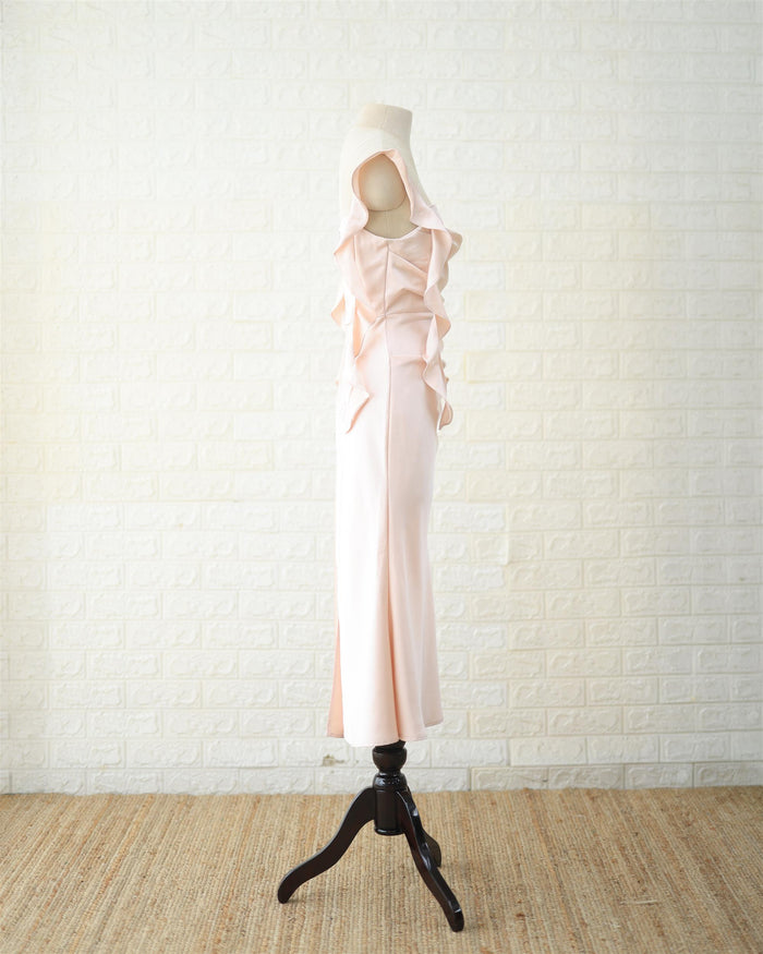 Blush Ruched Satin Midi Dress in Blush Pink, back view