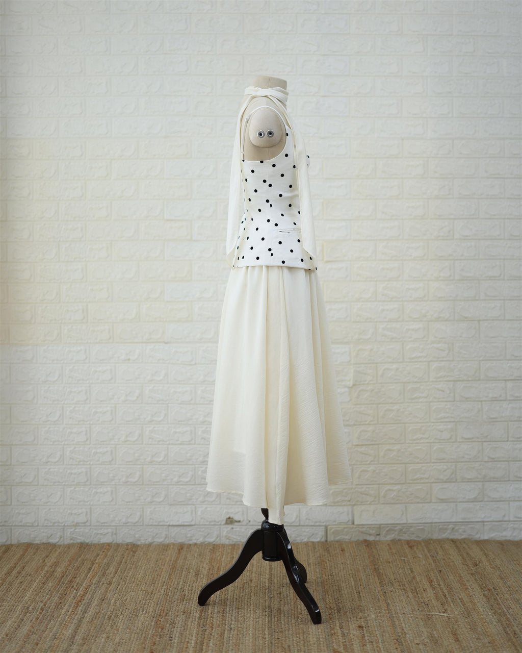 Monochrome Polka Peplum Top & Cream Maxi Skirt Set in White / Cream, back view