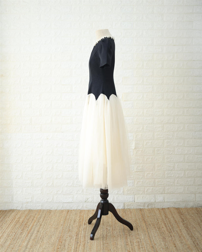 Noir Bodice & Cream Tulle Midi Dress in Black / Cream, back view