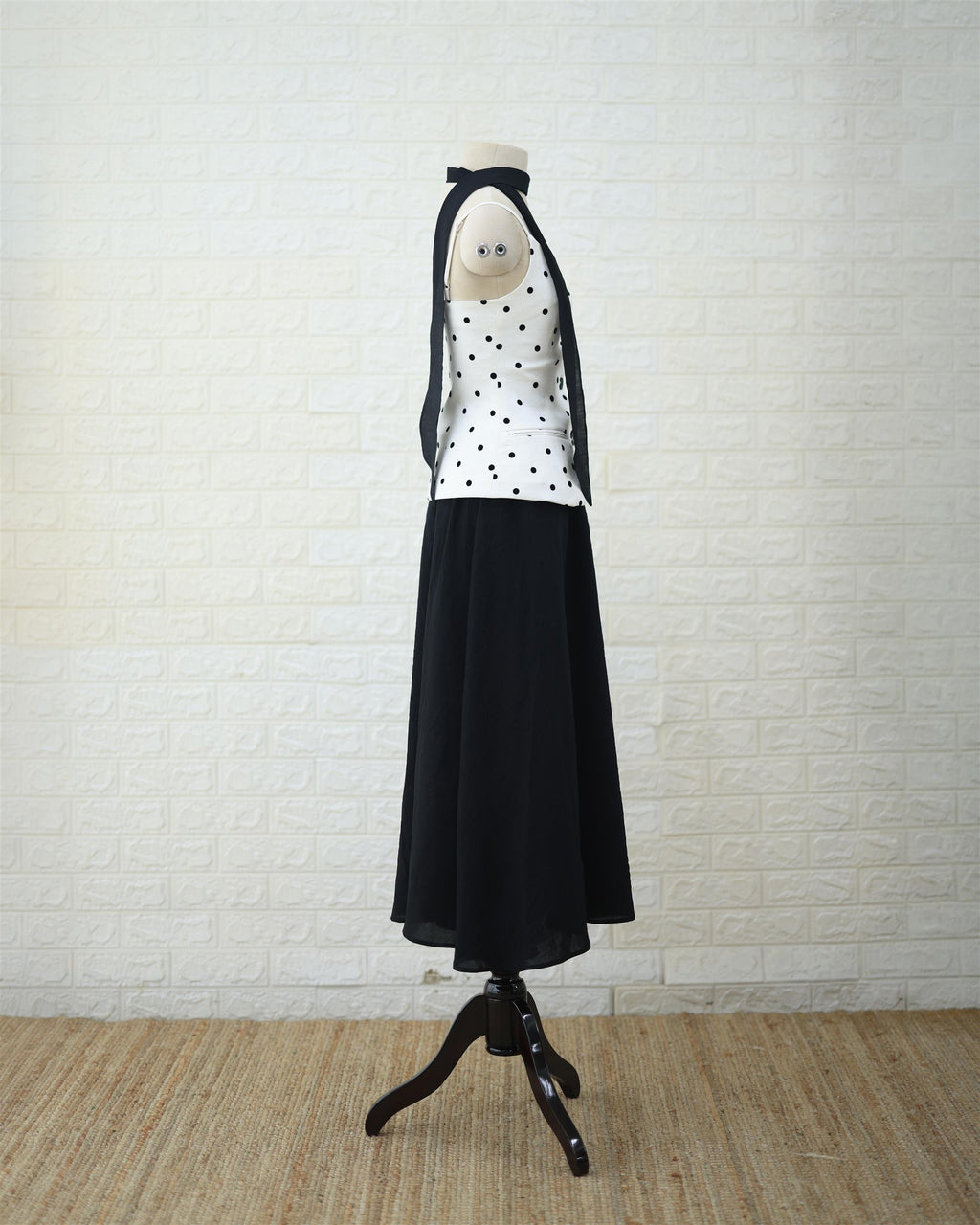 Monochrome Polka Peplum Top & Black Maxi Skirt Set in White / Black, back view