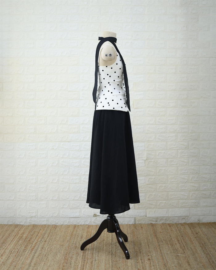 Monochrome Polka Peplum Top & Black Maxi Skirt Set in White / Black, back view