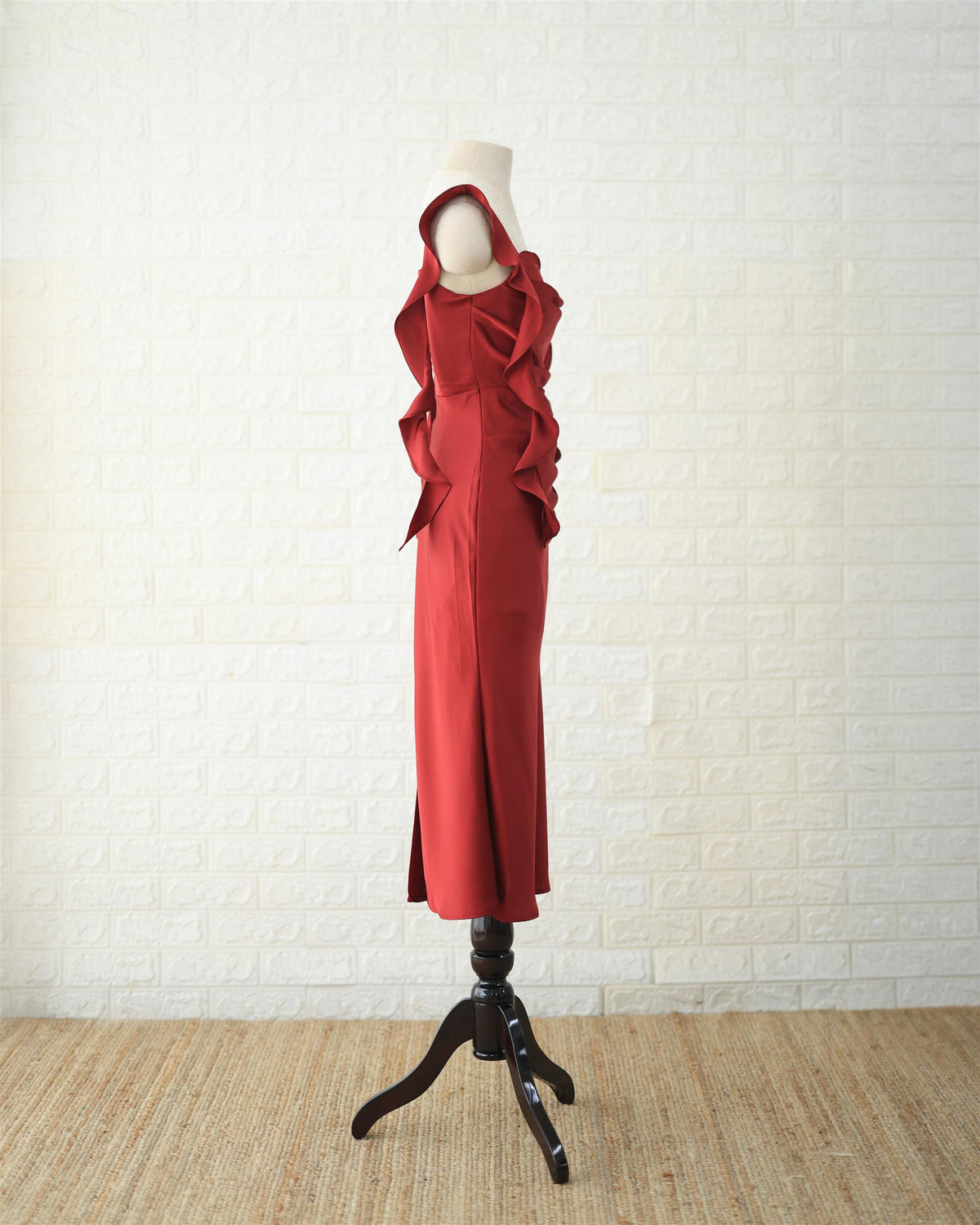 Scarlet Ruched Midi Dress in Red, back view