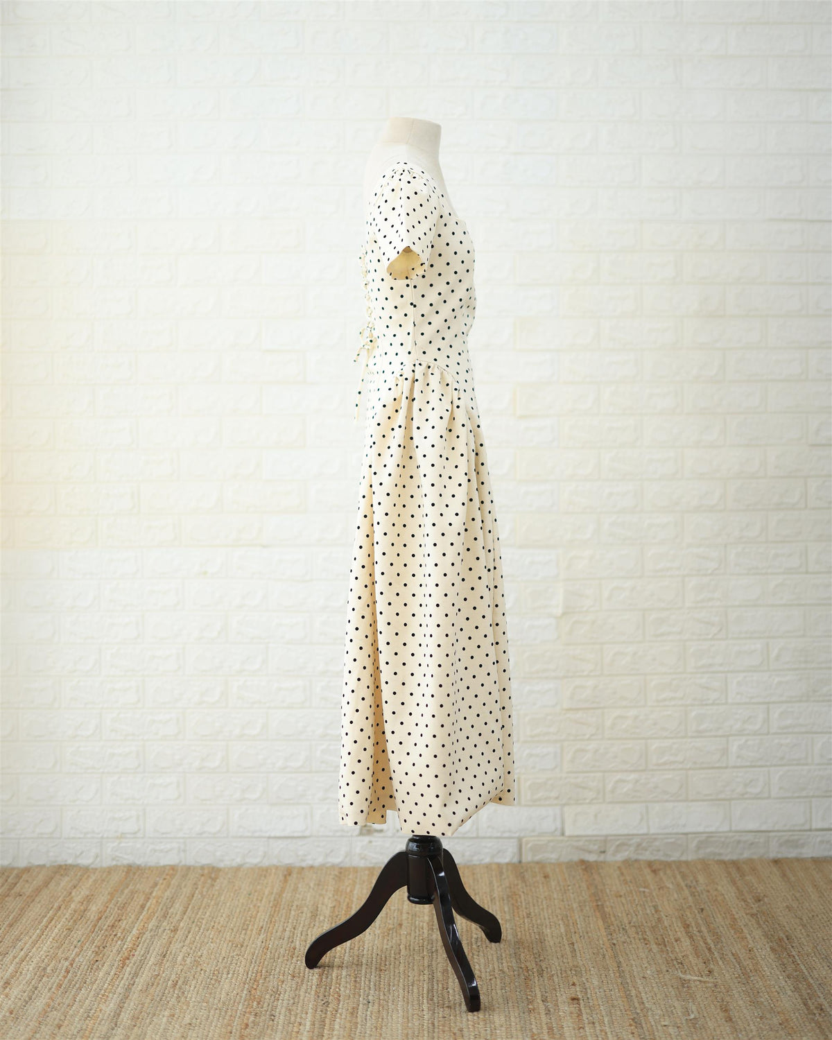 Cream Polka Puff-Sleeve Midi Dress in Cream, back view