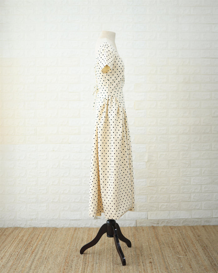 Cream Polka Puff-Sleeve Midi Dress in Cream, back view