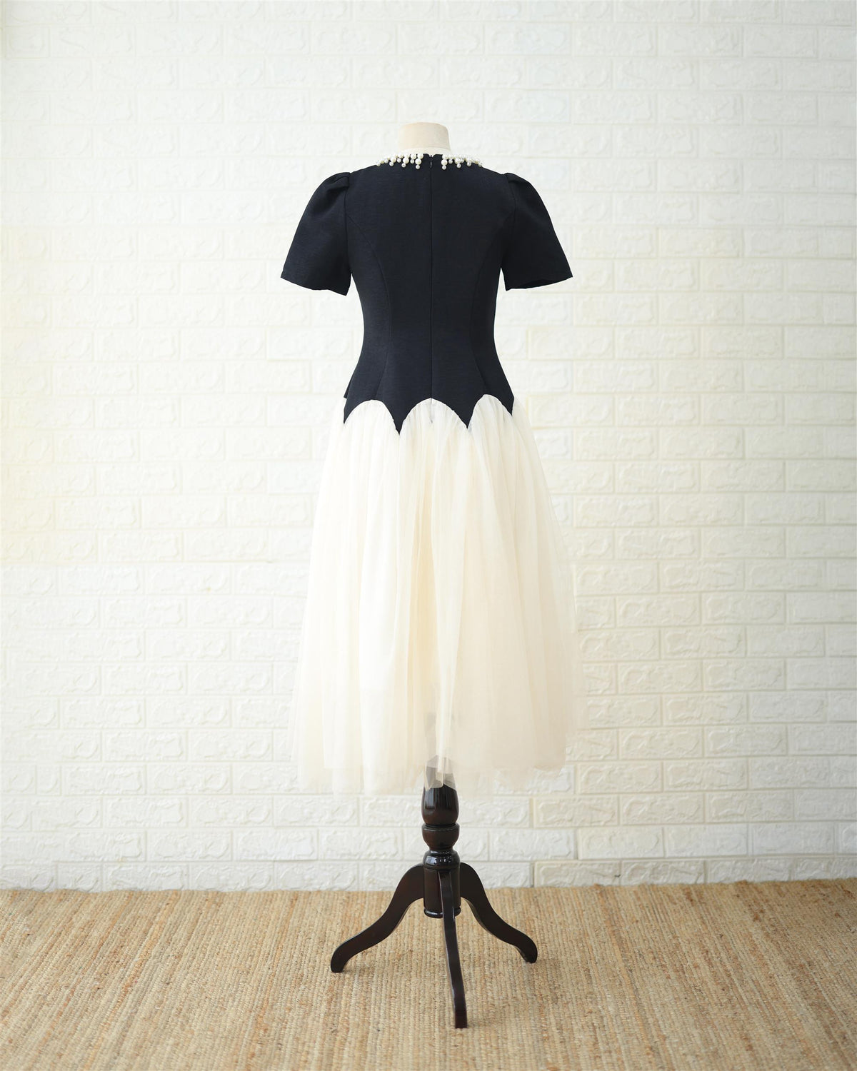 Noir Bodice & Cream Tulle Midi Dress in Black / Cream, side view