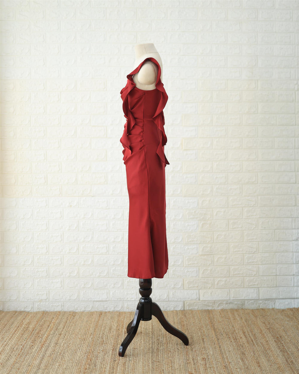 Scarlet Ruched Midi Dress in Red, side view