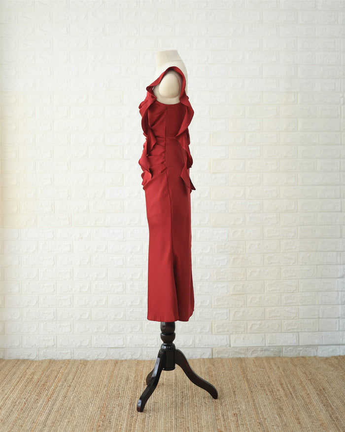 Scarlet Ruched Midi Dress in Red, side view