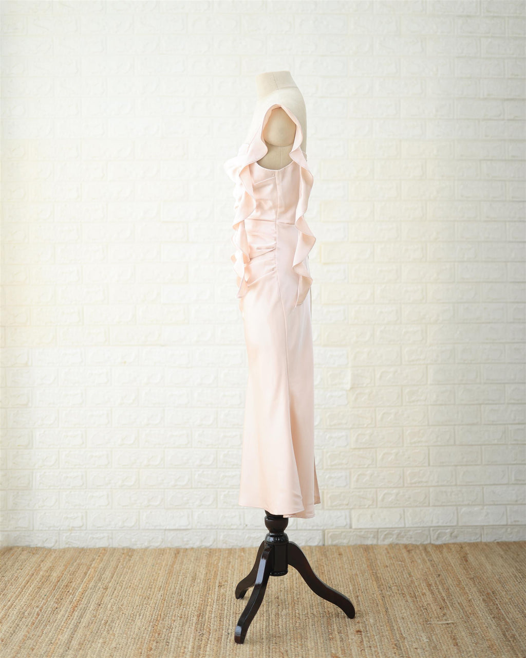 Blush Ruched Satin Midi Dress in Blush Pink, side view