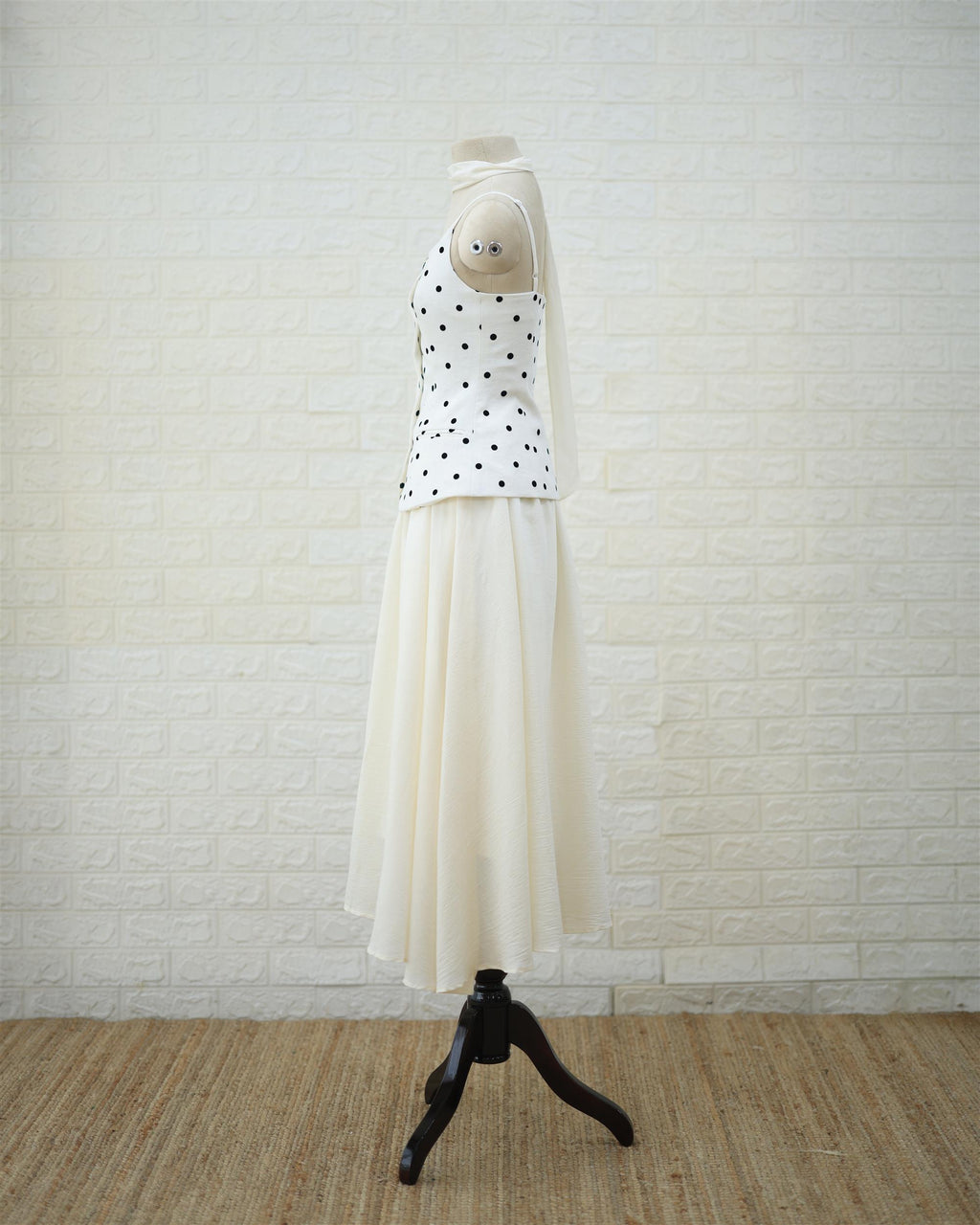 Monochrome Polka Peplum Top & Cream Maxi Skirt Set in White / Cream, side view