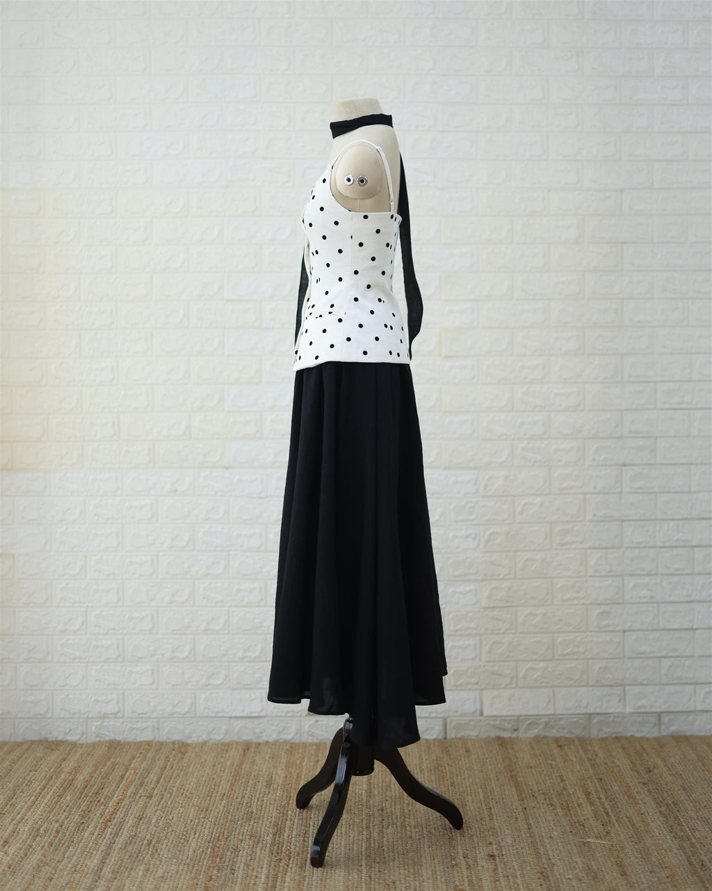 Monochrome Polka Peplum Top & Black Maxi Skirt Set in White / Black, side view