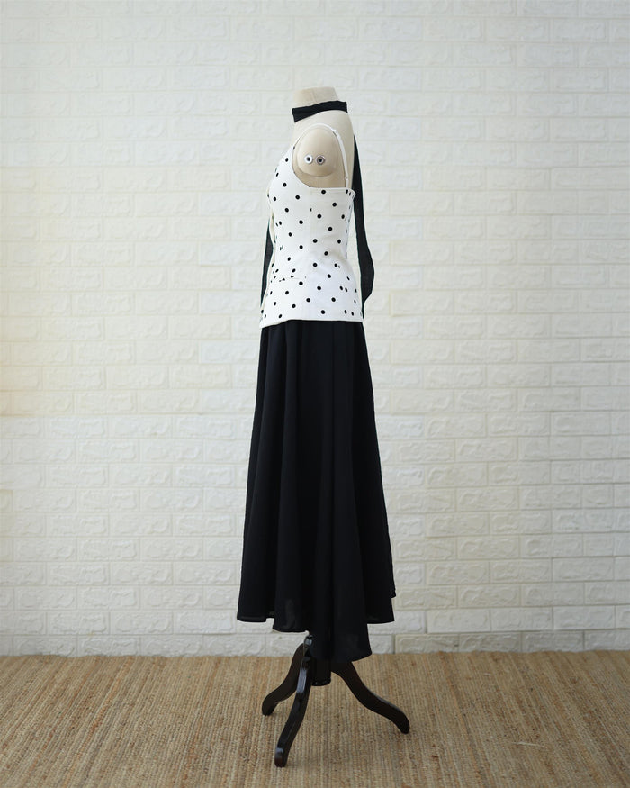 Monochrome Polka Peplum Top & Black Maxi Skirt Set in White / Black, side view