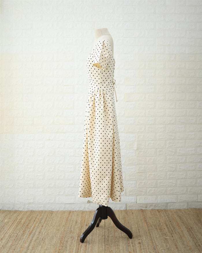 Cream Polka Puff-Sleeve Midi Dress in Cream, side view