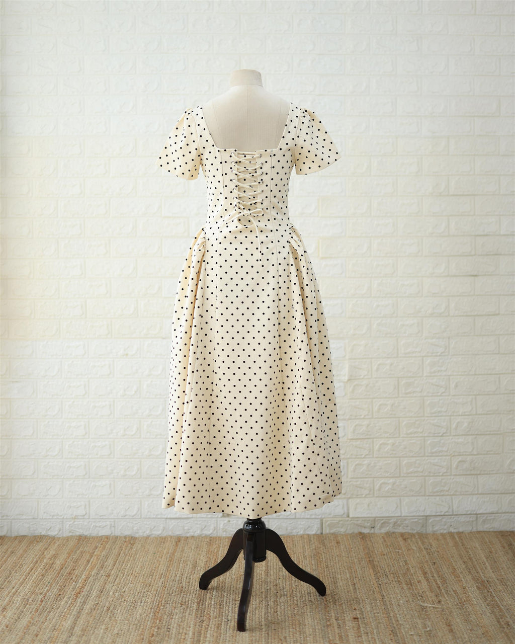 Cream Polka Puff-Sleeve Midi Dress in Cream, side view