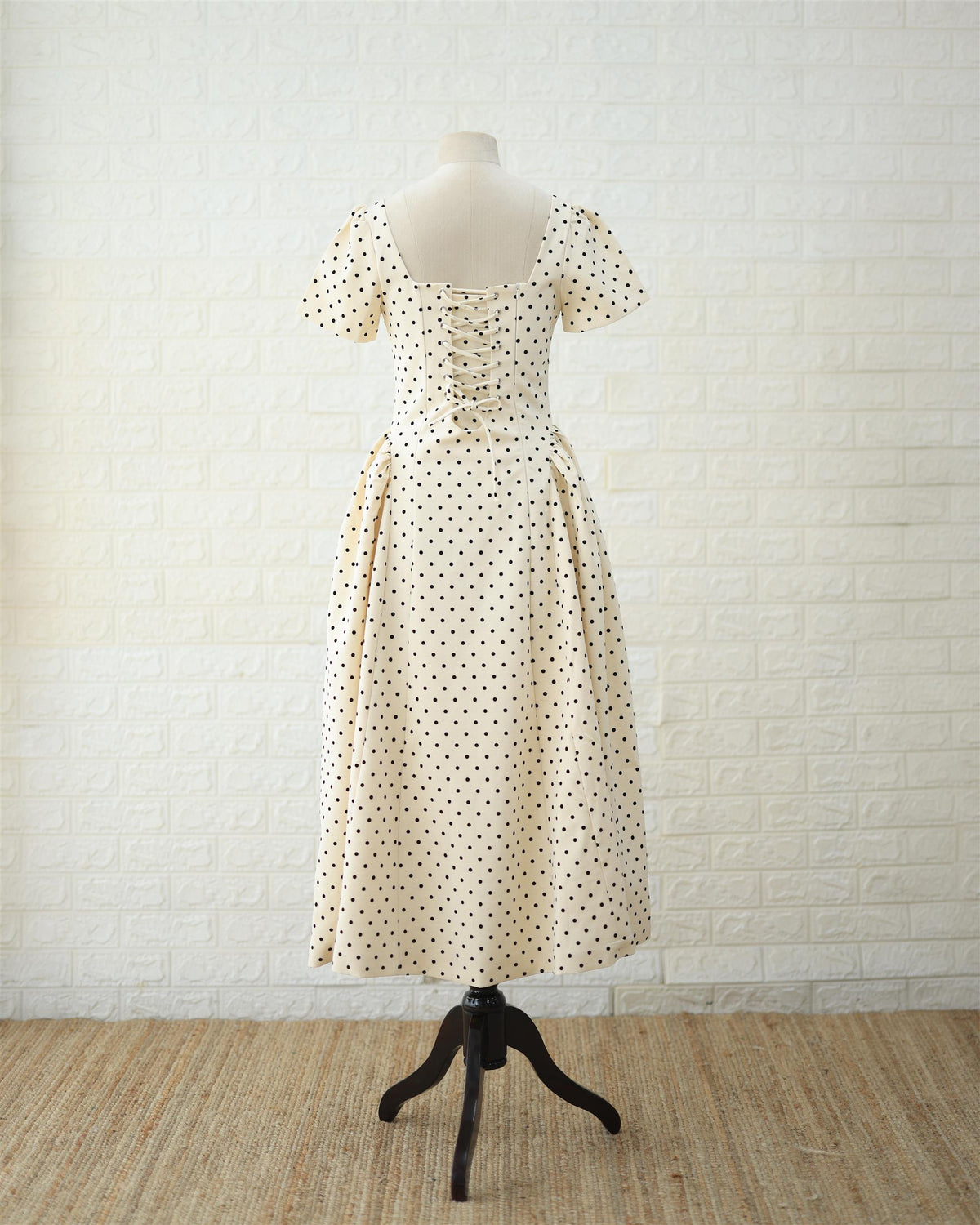 Cream Polka Puff-Sleeve Midi Dress in Cream, side view