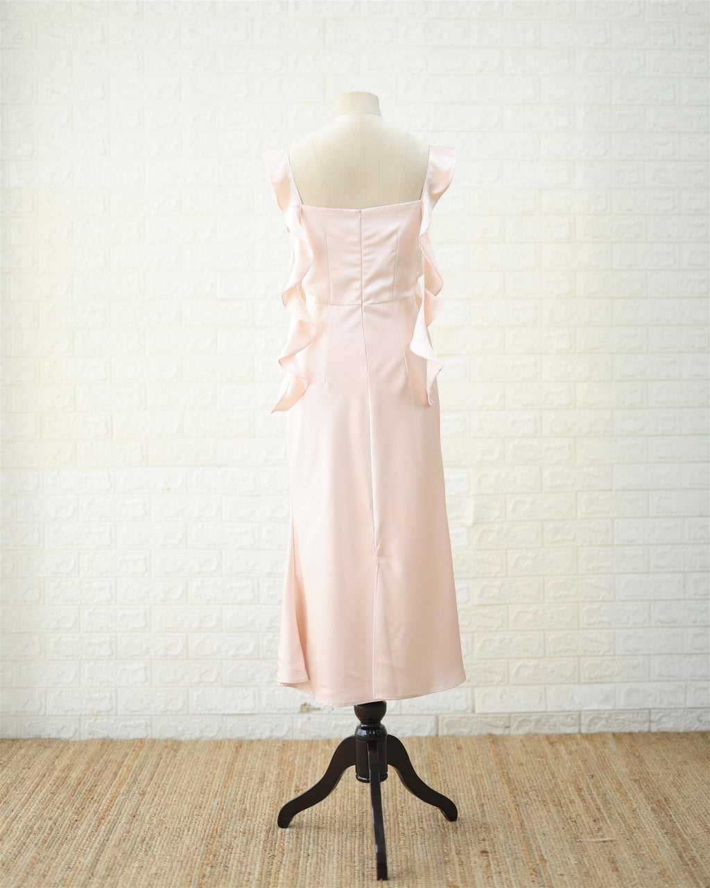 Blush Ruched Satin Midi Dress in Blush Pink, side view