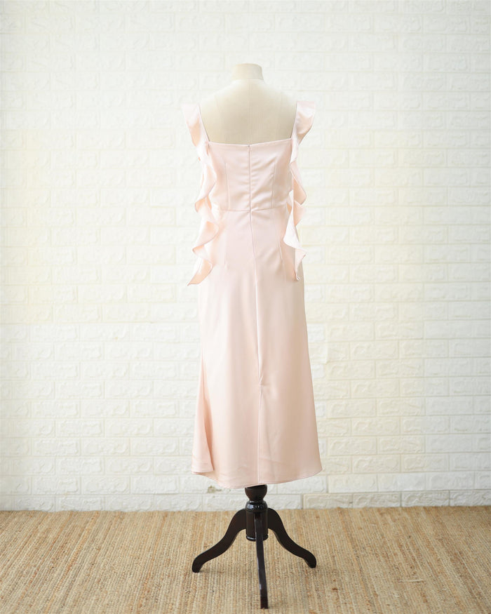 Blush Ruched Satin Midi Dress in Blush Pink, side view