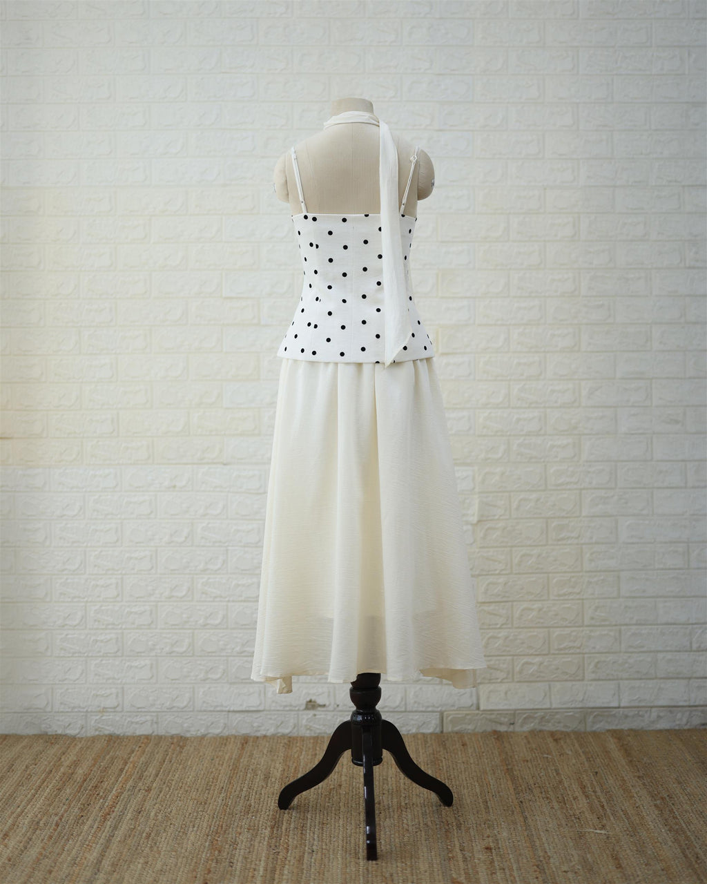 Monochrome Polka Peplum Top & Cream Maxi Skirt Set in White / Cream, side view