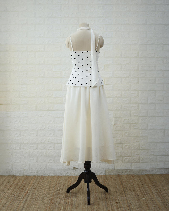 Monochrome Polka Peplum Top & Cream Maxi Skirt Set in White / Cream, side view