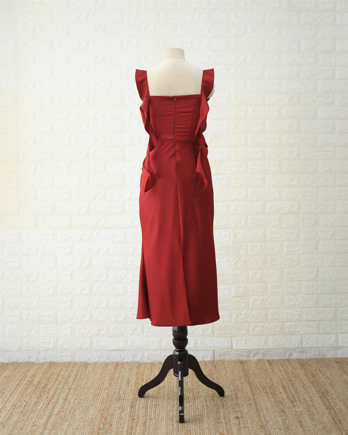 Scarlet Ruched Midi Dress in Red, side view
