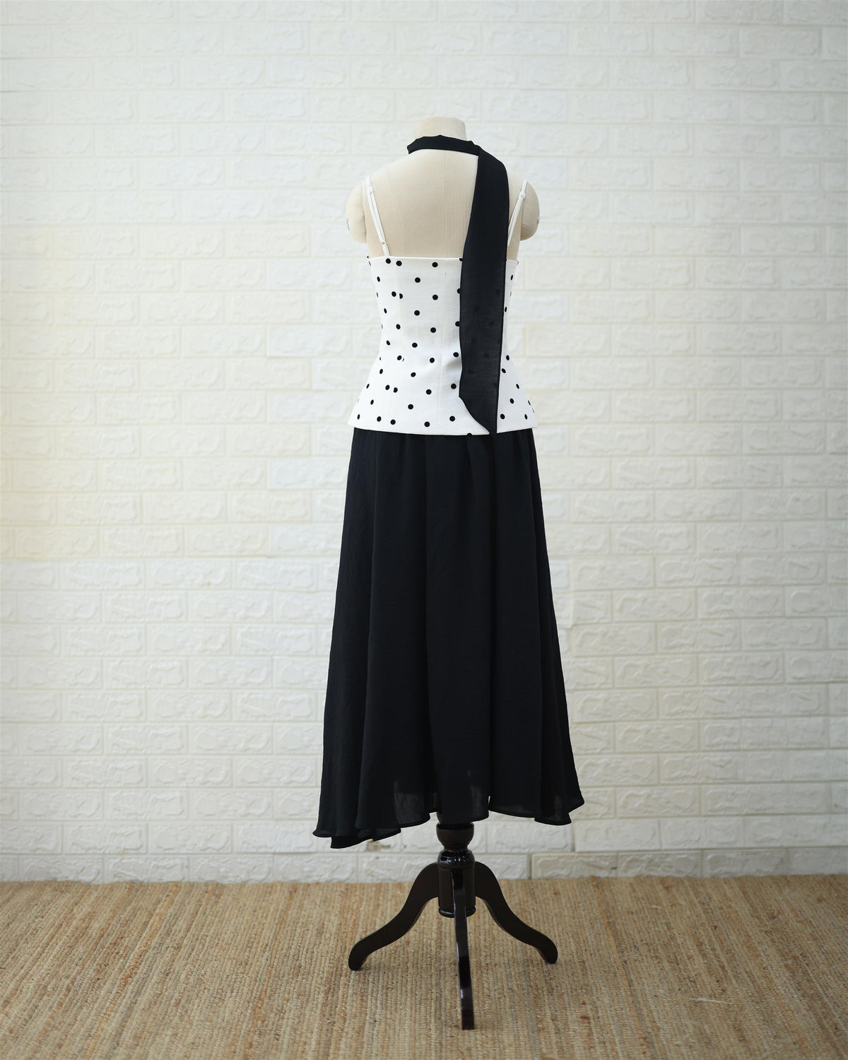 Monochrome Polka Peplum Top & Black Maxi Skirt Set in White / Black, side view
